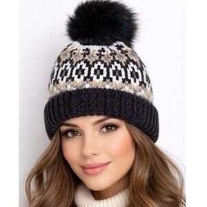 Free People Chalet Fairisle Pom Beanie Hat Black/Gold Metallic Combo One Size
